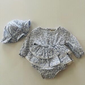 Rabbit & Bear 0-3 Months Baby Girl Floral Ruffle Romper Sun Hat Set Organic